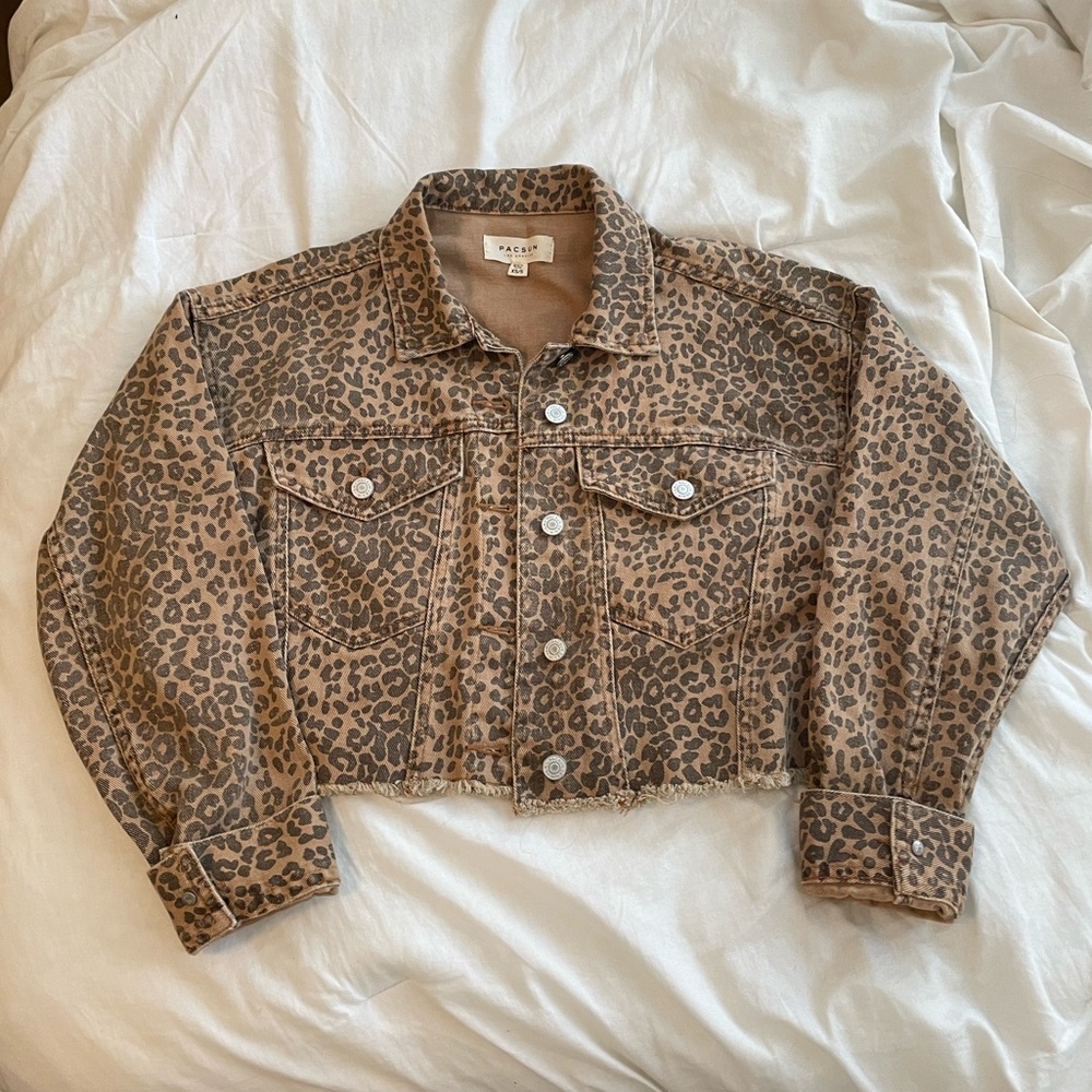 Pacsun Cropped Oversized Denim Leopard Cheetah Brown and Black Jacket